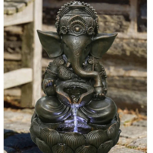 Lord Ganesh Elephant Bowl Fountain w/Cascading Water and Cool LED Lights 14in