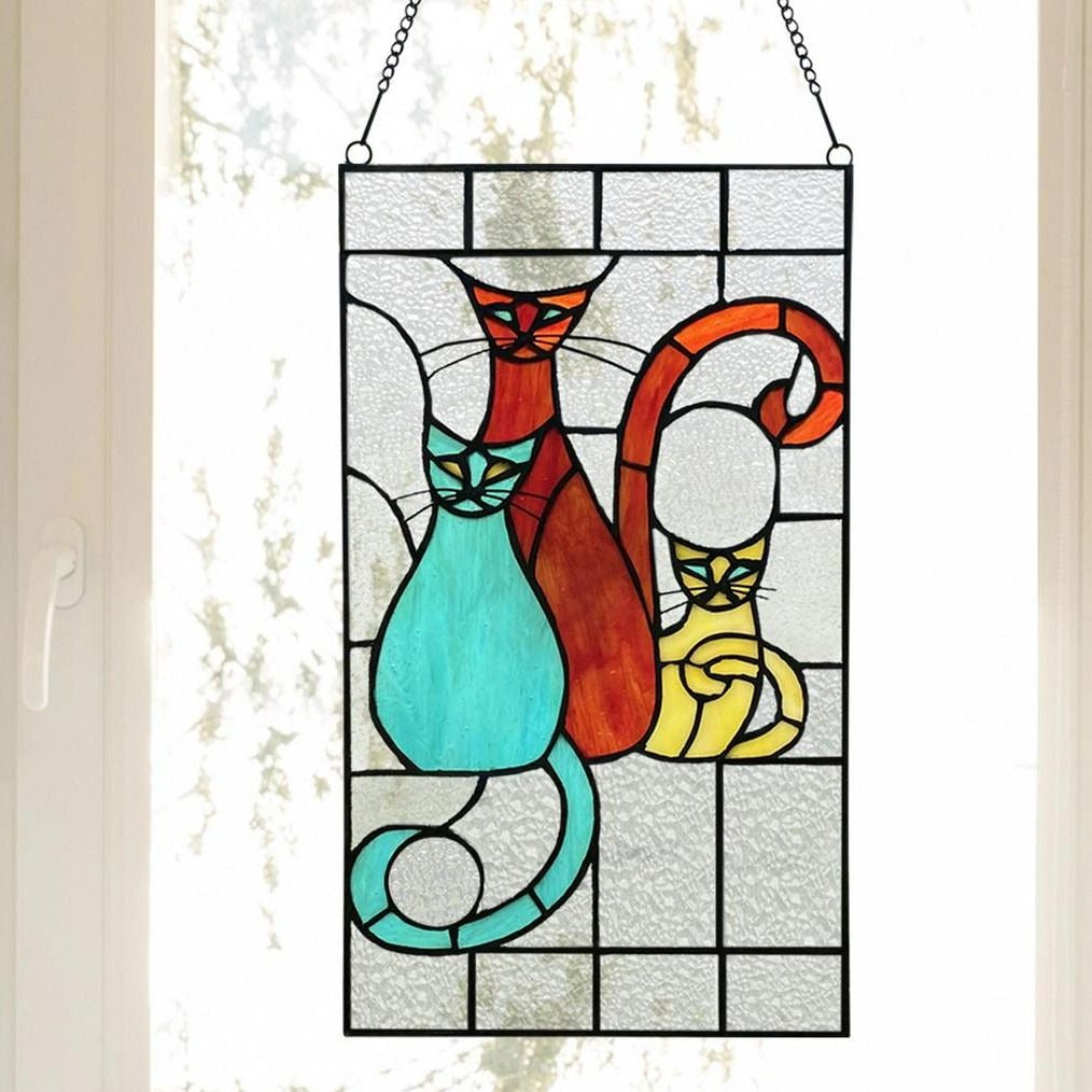 Cats Tiffany Style Window Panel Stained Glass Suncatcher Window Hanging 14inx8in