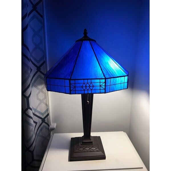 Stained Glass Lamp Tiffany Style 2-Light Royal Blue Table Lamp 14x21in