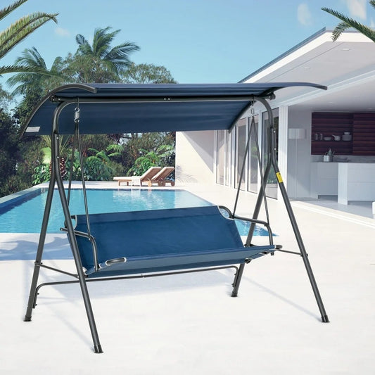 3-person Patio Porch Patio Swing with Adjustable Tilt Canopy Top in Blue