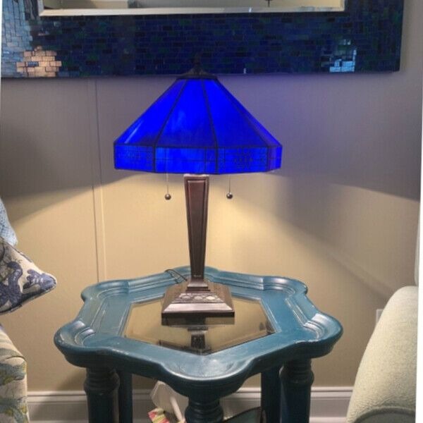 Stained Glass Lamp Tiffany Style 2-Light Royal Blue Table Lamp 14x21in