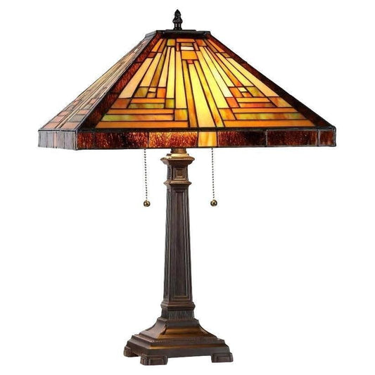 Tiffany Style 2-Light Antique Bronze Finish Mission Stained Glass Table Lamp