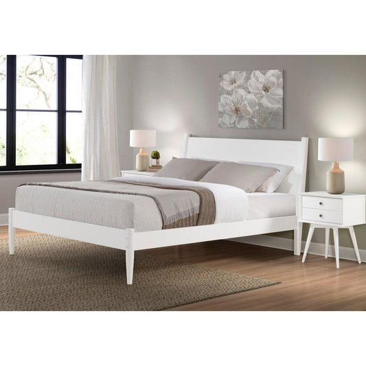 Pine Wood Mid-Century Style Full Size Panel Bed in White Finish