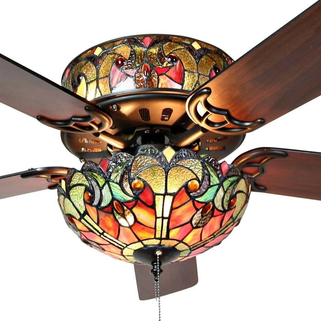 Tiffany Style Stained Glass Ceiling Fan Beautiful Spice Colors 52in - Pull Chain