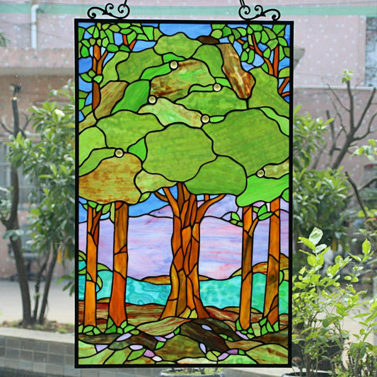 Beautiful Green Stained Glass Landscape Window Panel Suncatcher 20x33in