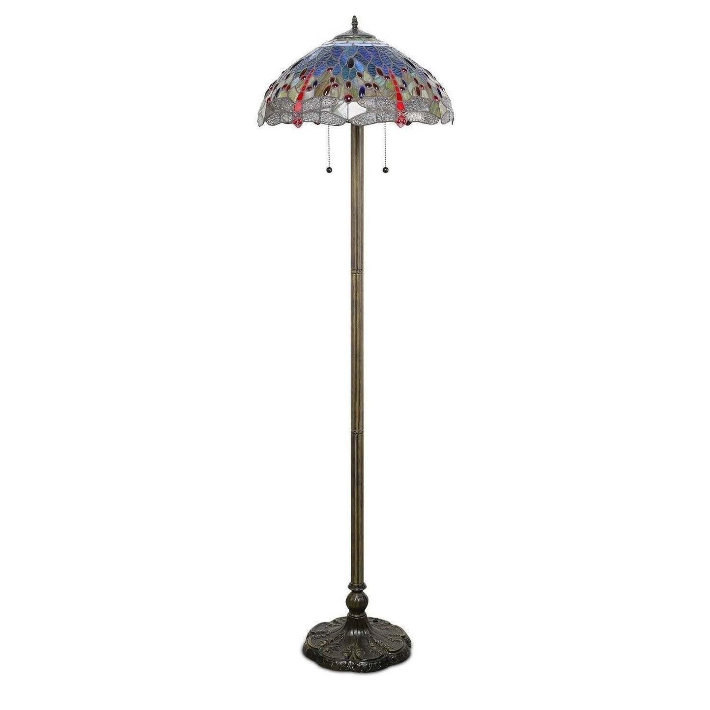 Tiffany Style Stained Glass Red Dragonfly Floor Lamp With Blue and Yellow