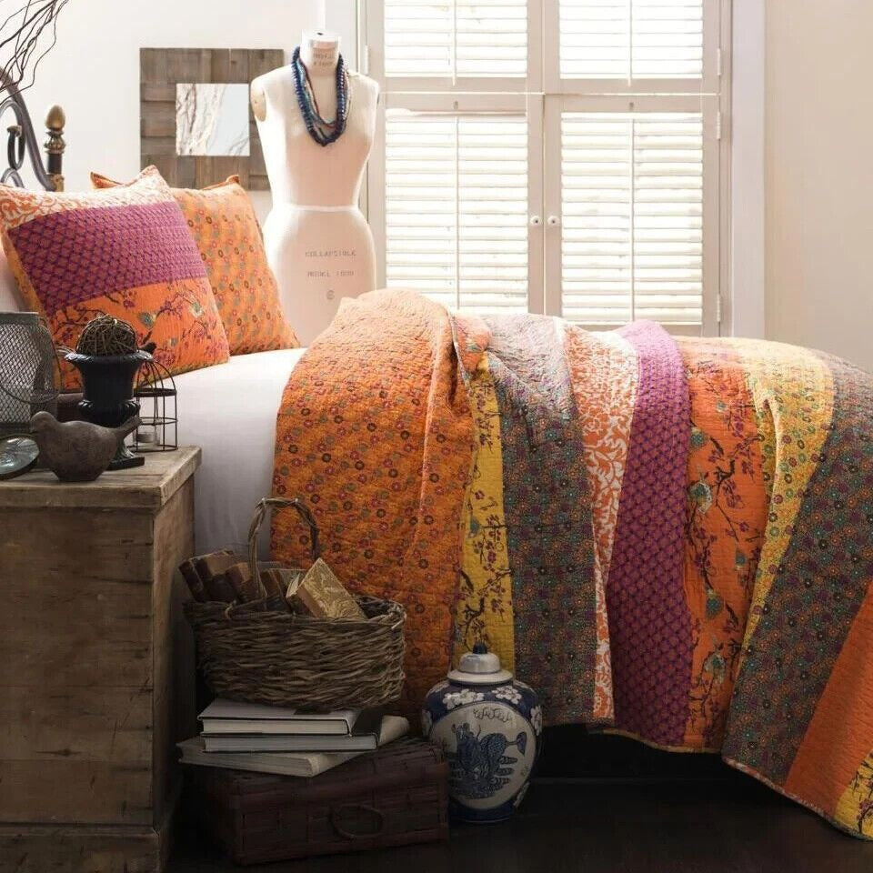 Tangerine & Lavender Floral Cottage 3-pc Comforter Quilt Set - King Sz