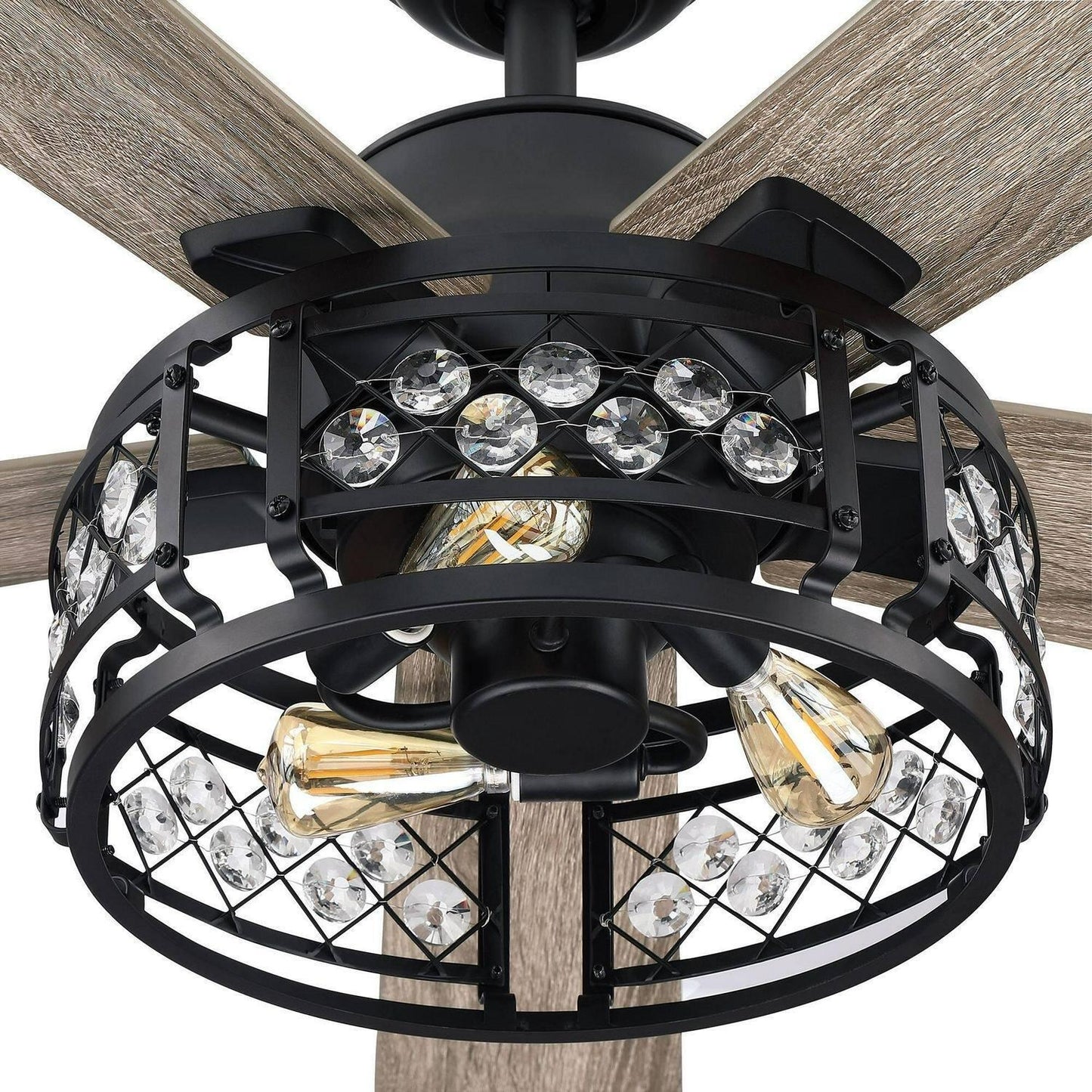 Oak Wooden Caged Light 5-Blade Crystal LED Ceiling Fan with Remote Control