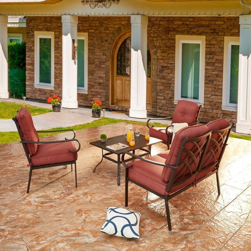 Outdoor Patio Furniture 4 Piece Set Chairs and Loveseat with Cushions in Red