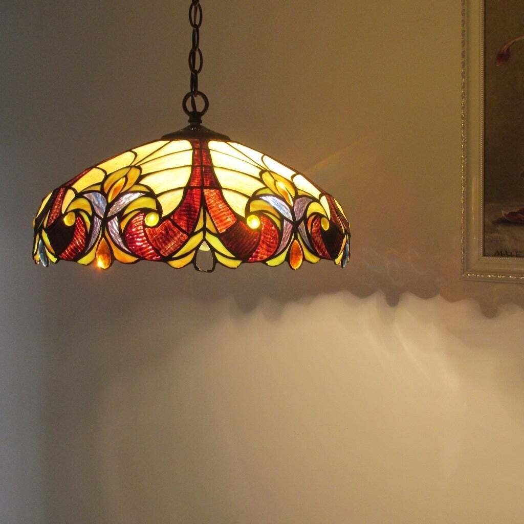 Victorian Tiffany Style Hanging Pendant Ceiling Light -Brown Beige Stained Glass