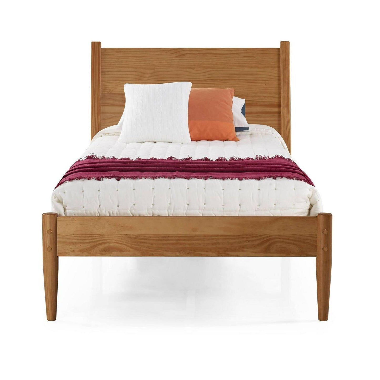 Brown Finish Pine Wood Mid-Century Style Twin Size Panel Bed