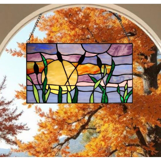 Tiffany Style Stained Glass Panel with Cattails Design for Sunlit Windows 14x8in