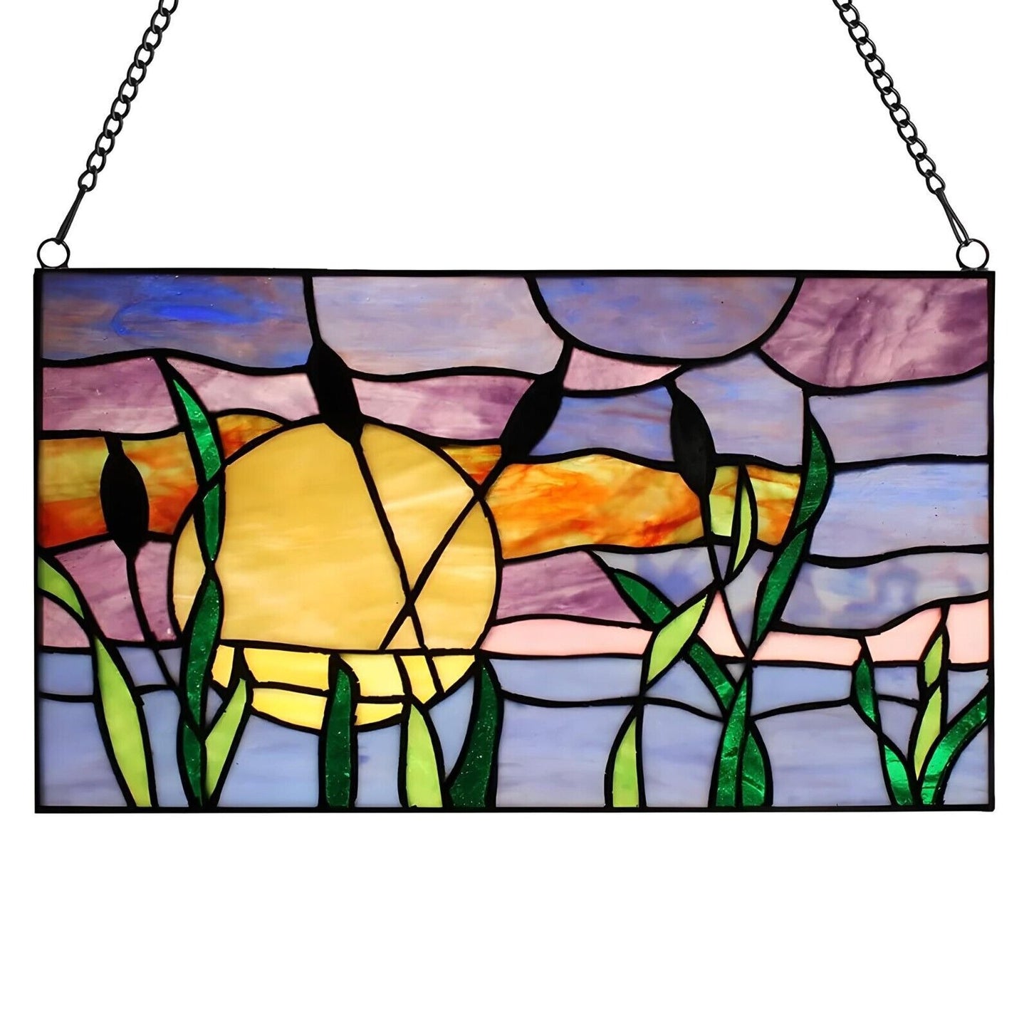 Tiffany Style Stained Glass Panel with Cattails Design for Sunlit Windows 14x8in