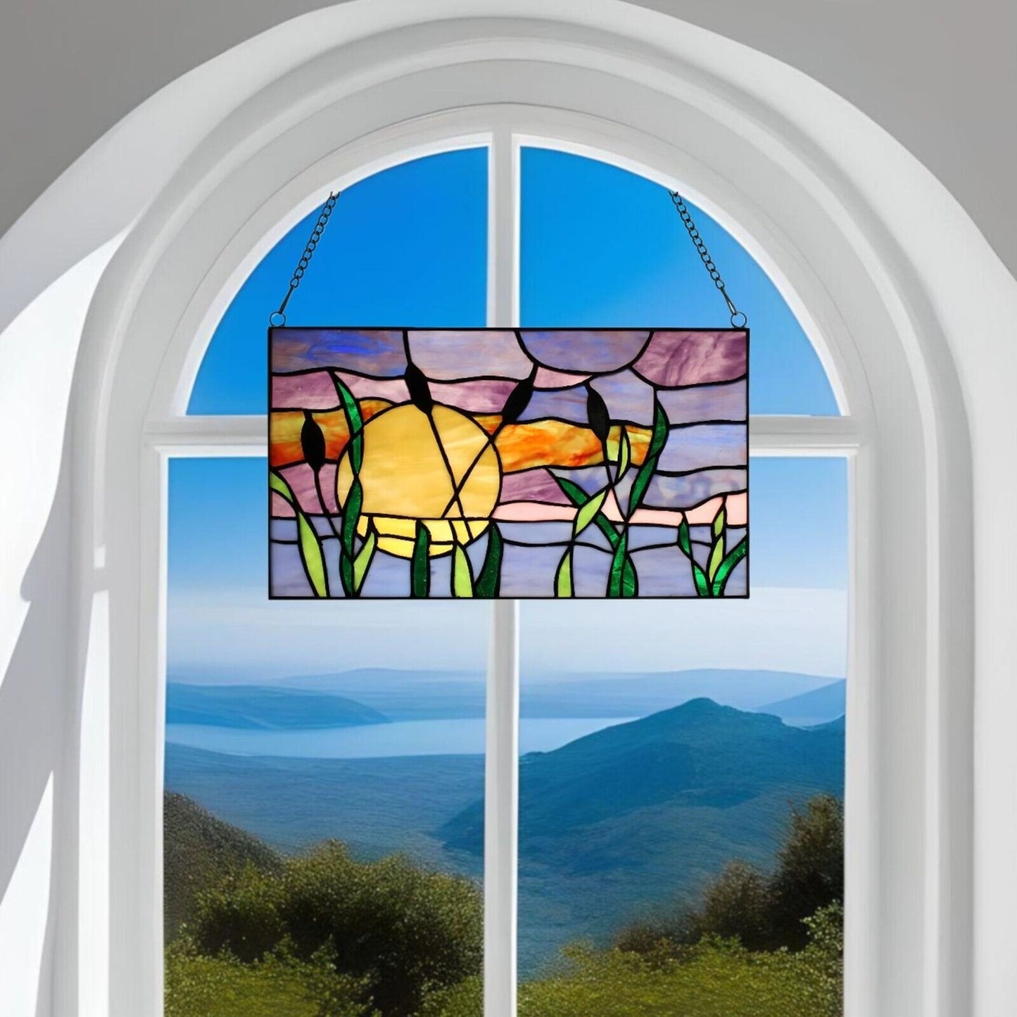 Tiffany Style Stained Glass Panel with Cattails Design for Sunlit Windows 14x8in