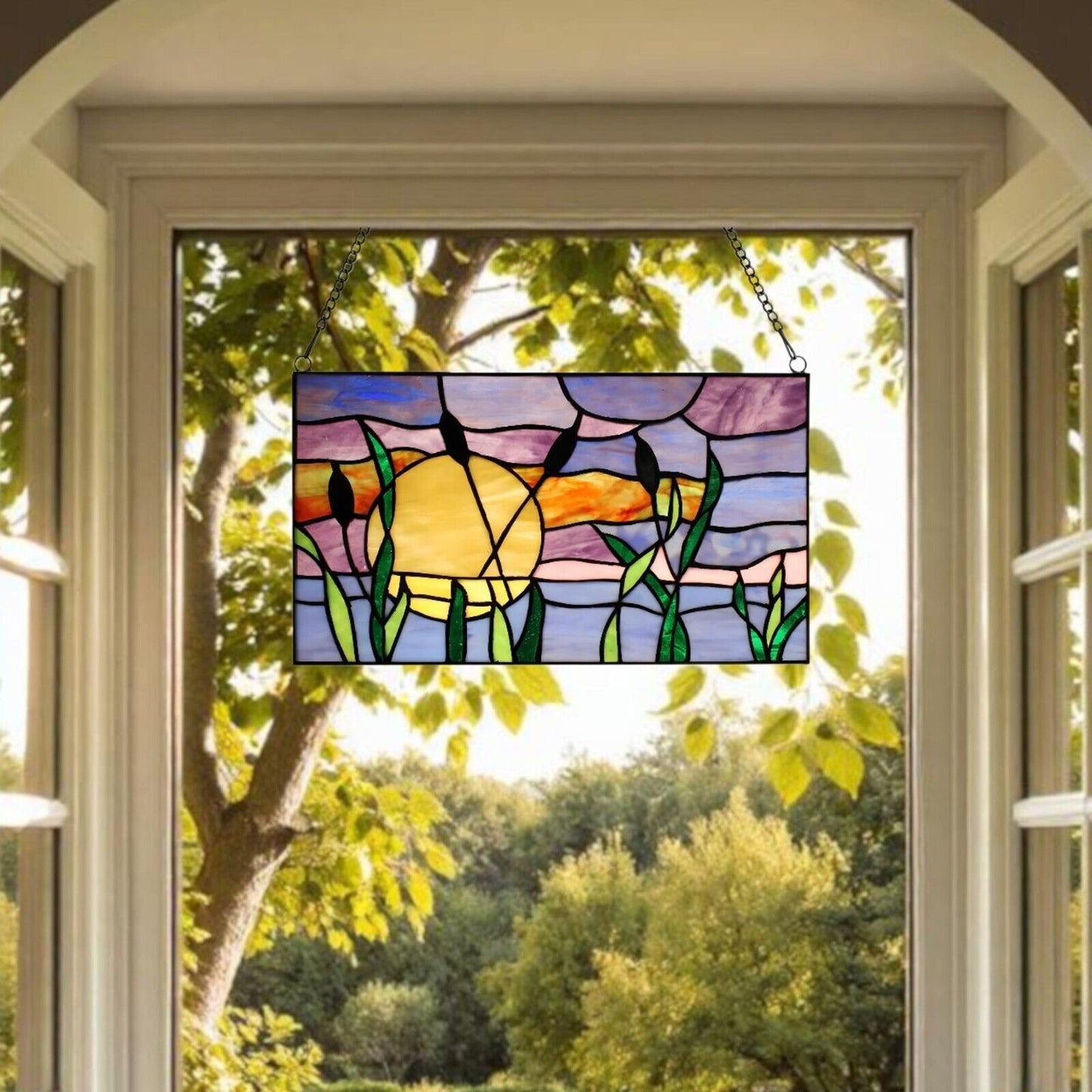 Tiffany Style Stained Glass Panel with Cattails Design for Sunlit Windows 14x8in