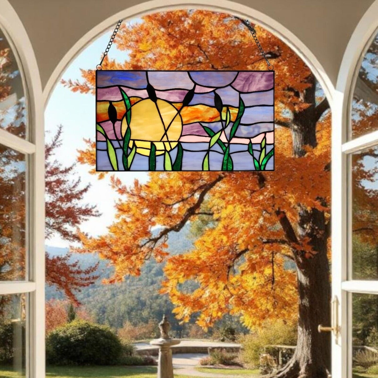 Tiffany Style Stained Glass Panel with Cattails Design for Sunlit Windows 14x8in