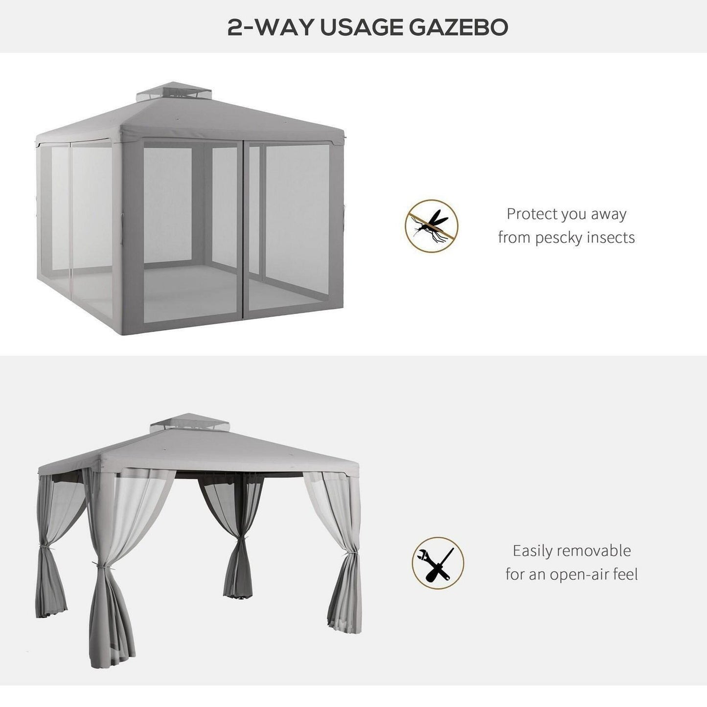 Gray Patio Gazebo Tier Canopy, Mesh Walls & Powder-Coated Frame 9.6x11.6