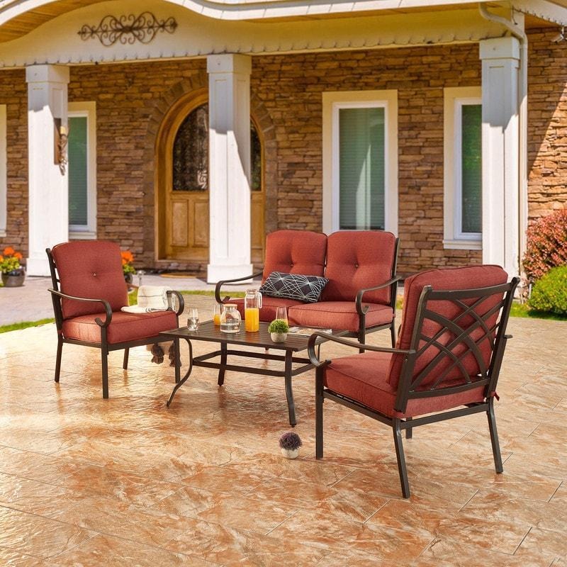 Outdoor Patio Furniture 4 Piece Set Chairs and Loveseat with Cushions in Red