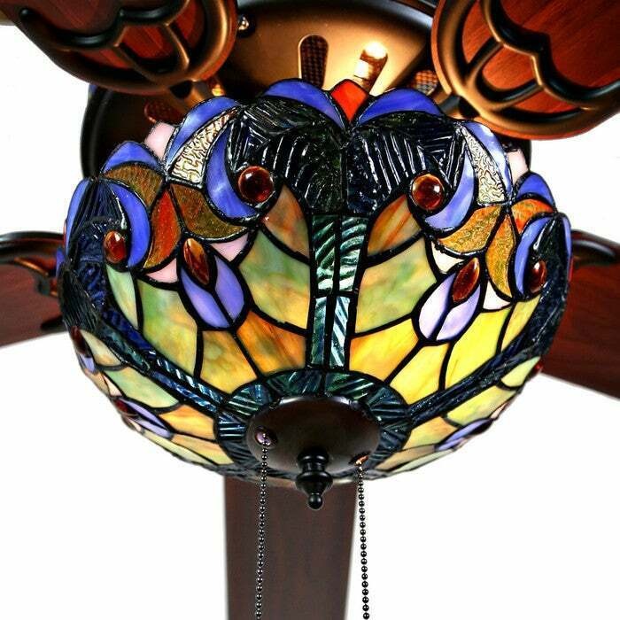 Blue Stained Glass Tiffany Style 52in Ceiling Fan - Pull Chain 2 Color Blades