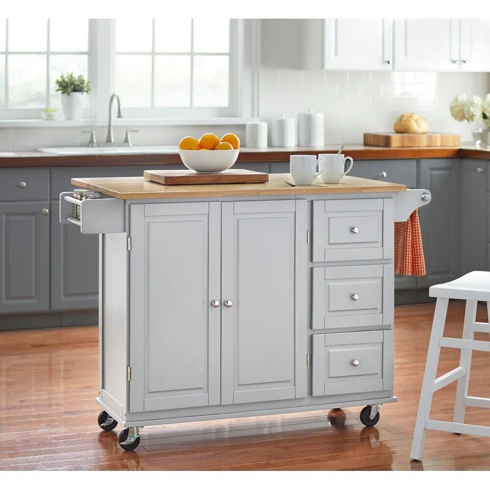 Light Gray Kitchen Cart Rolling Island Cabinet  - Natural Finish Wood Top