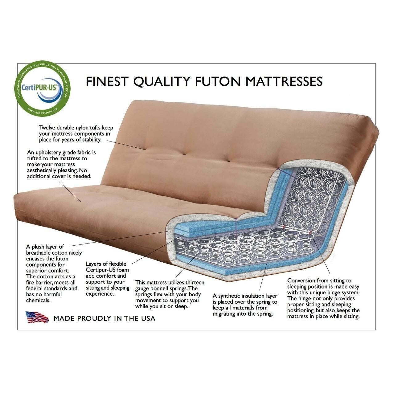 Futon Bed Set - Full Sz Solid Wood Futon w/Cotton Mattress & Storage - Safari