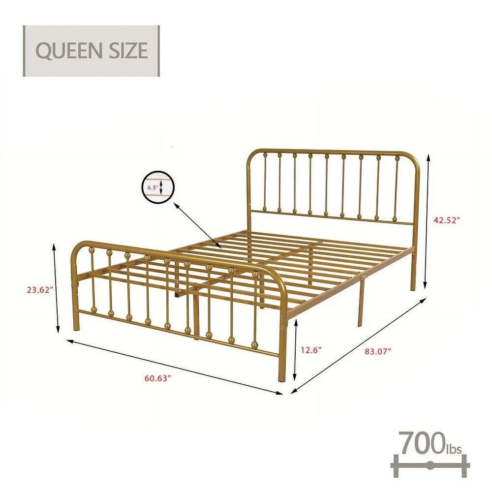 Queen Size Bed Frame Metal Platform Bed Frame with Headboard & Footboard Gold