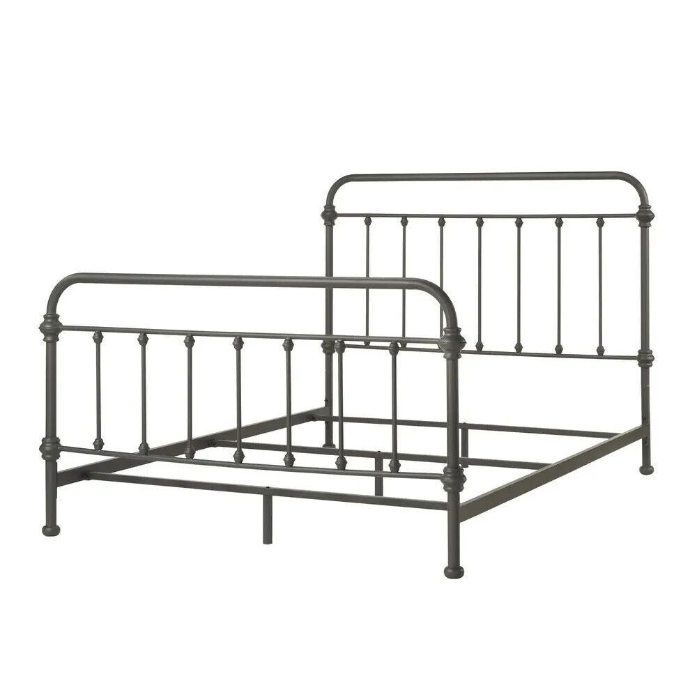 Antique-Style Iron Bed Frame with Flowing Curved Spindle Design, Grey, King Sz