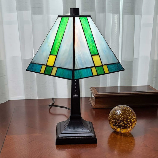 Tiffany Style Stained Glass Mission Table Lamp In Green and Yellow 14.5 Tall