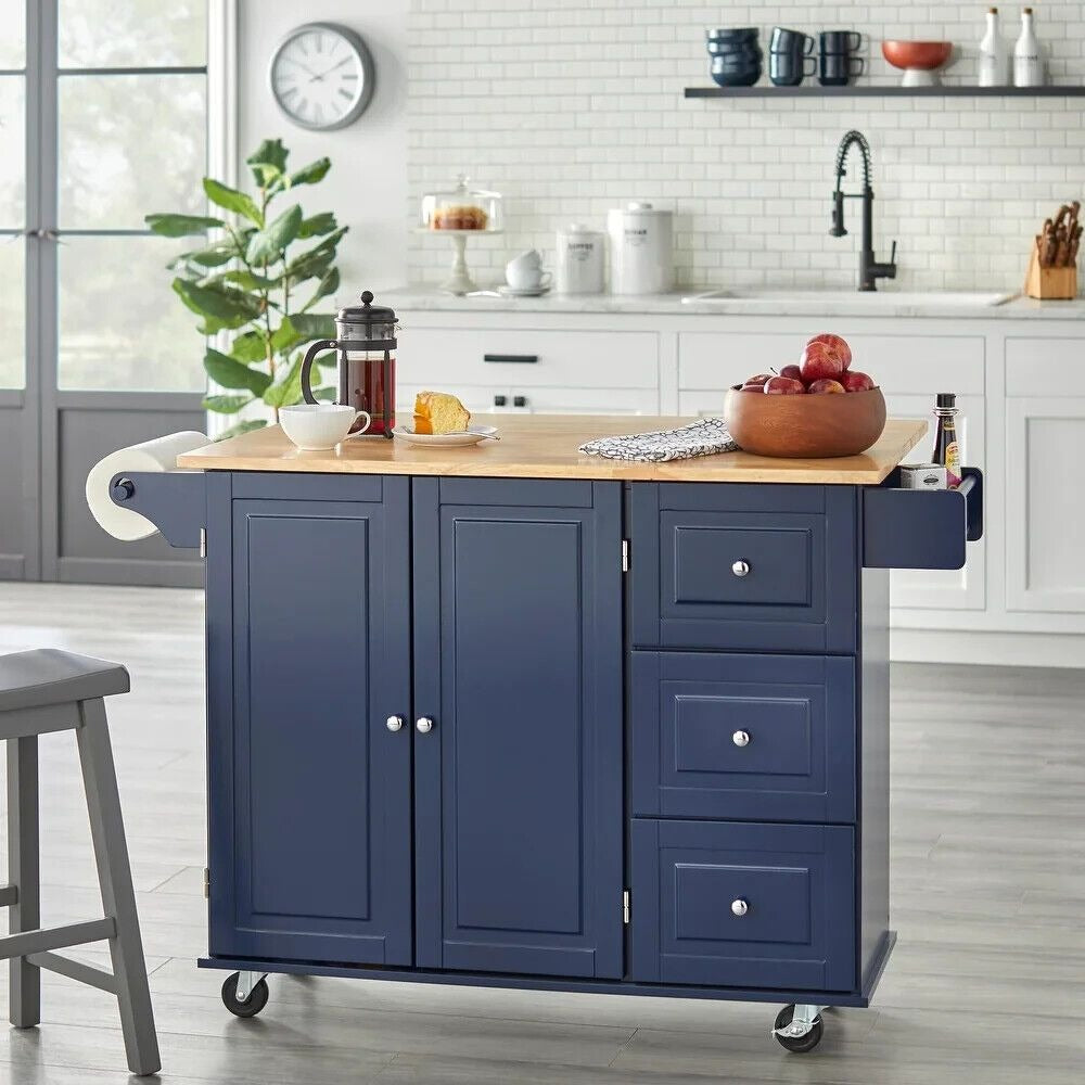 Navy Blue Kitchen Cart Rolling Island Cabinet - Natural Finish Wood Top Drop Lea