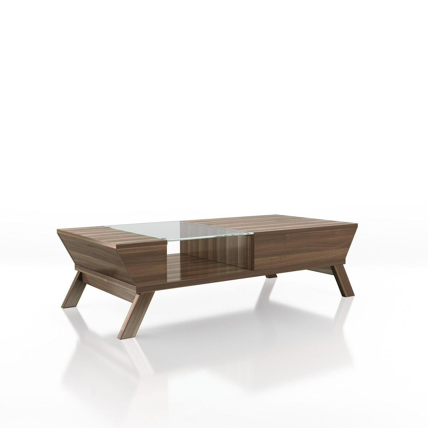 Mid-Century Modern Walnut Finish Coffee Table With Glass Insert, 47in Wide