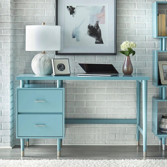 Desk Home Office 2-drawer Mid-Century Style Modern Desk in Antique Blue Finish