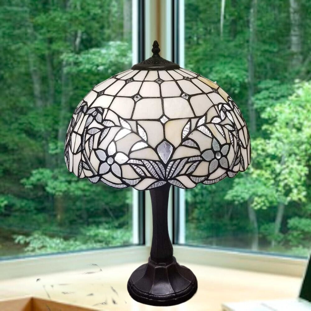 White Stained Glass Table Accent Reading Lamp - Radiates Timeless Beauty 23in