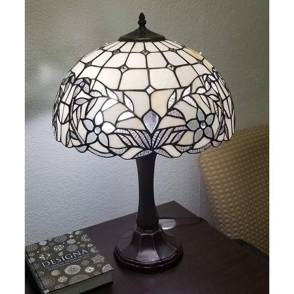 White Stained Glass Table Accent Reading Lamp - Radiates Timeless Beauty 23in