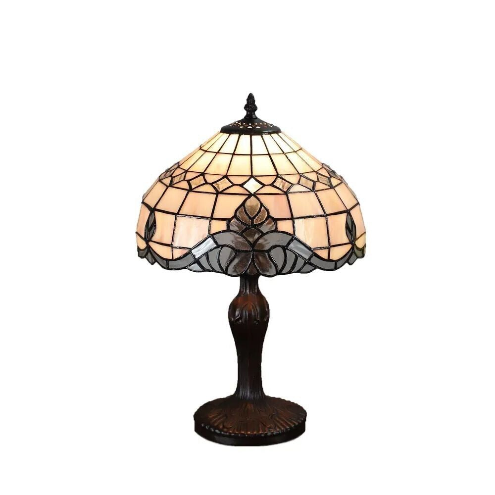 Ivory and Bronze Finish Art Deco Tiffany Style Stained Glass Table Lamp 18in