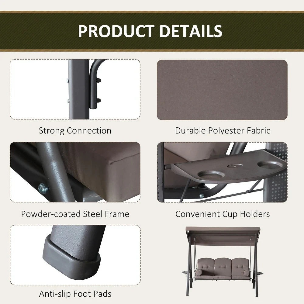 Deluxe Cushioned Outdoor Patio Canopy Bench Swing 3-Person in Brown