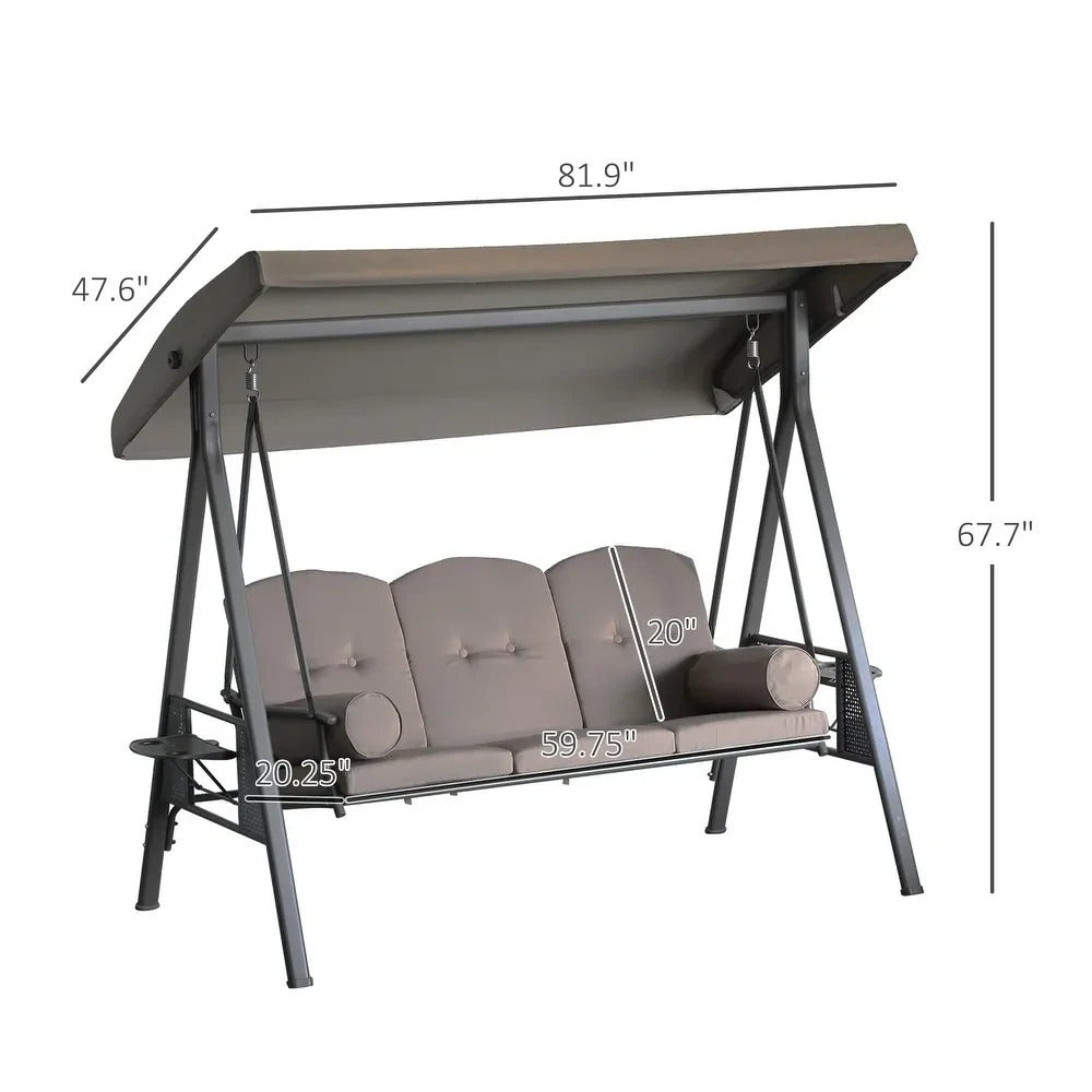 Deluxe Cushioned Outdoor Patio Canopy Bench Swing 3-Person in Brown