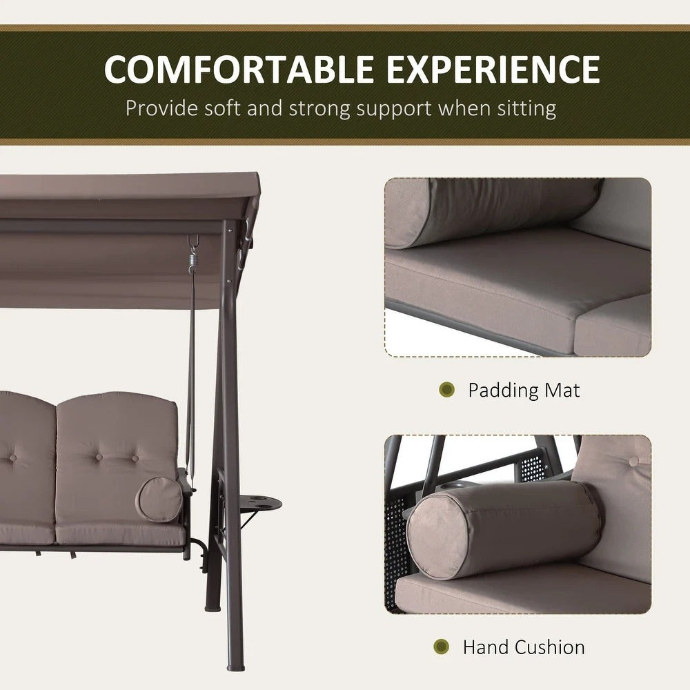 Deluxe Cushioned Outdoor Patio Canopy Bench Swing 3-Person in Brown