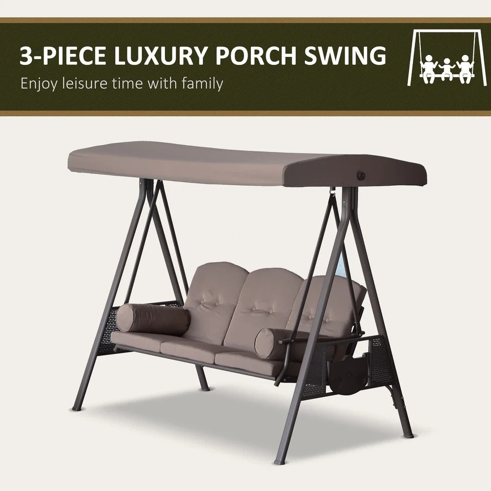 Deluxe Cushioned Outdoor Patio Canopy Bench Swing 3-Person in Brown