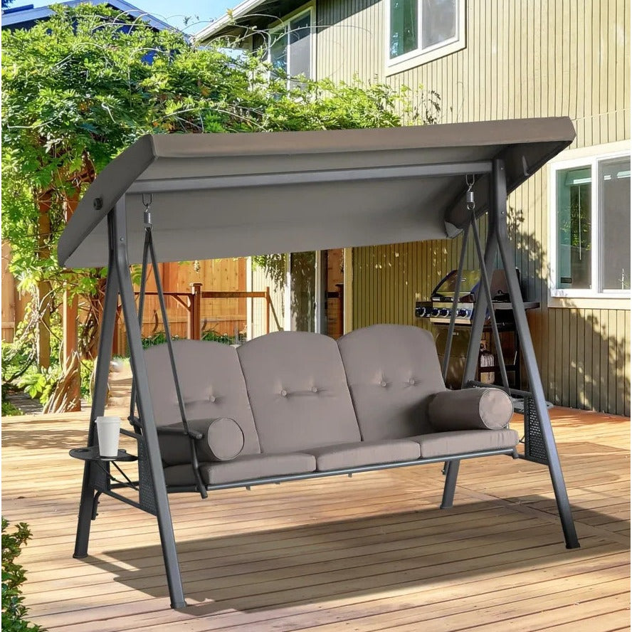 Deluxe Cushioned Outdoor Patio Canopy Bench Swing 3-Person in Brown