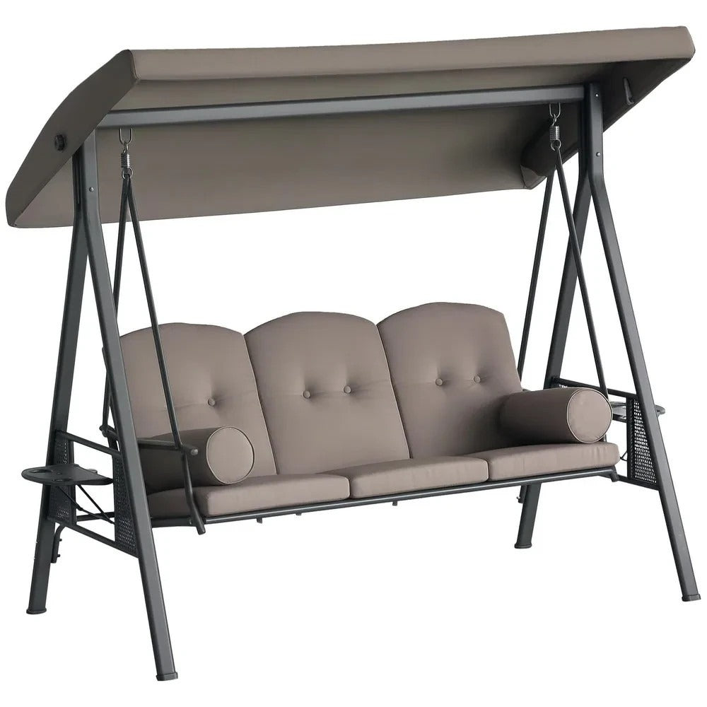 Deluxe Cushioned Outdoor Patio Canopy Bench Swing 3-Person in Brown