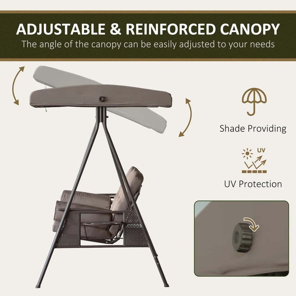 Deluxe Cushioned Outdoor Patio Canopy Bench Swing 3-Person in Brown