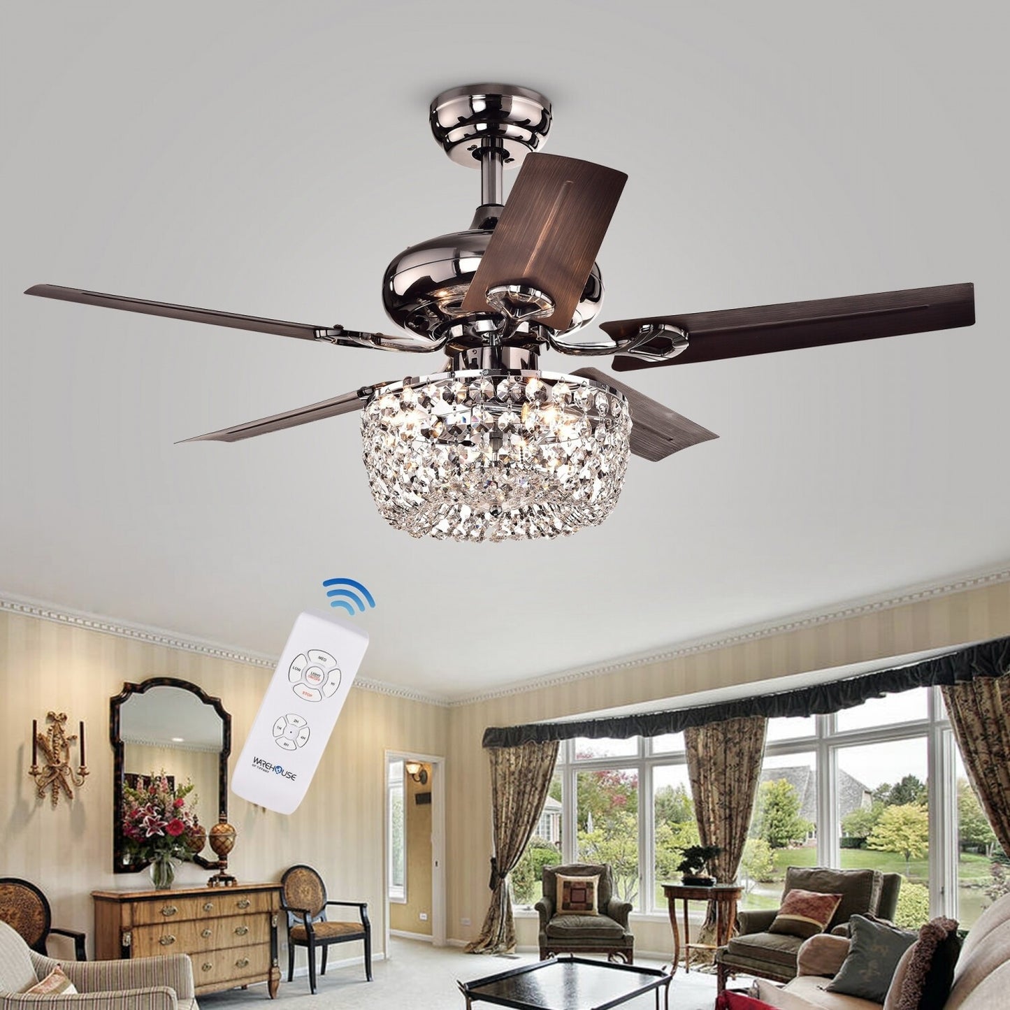 Crystal Chandelier 3-Light 5-blade 43-inch Brown Ceiling Fan -Remote