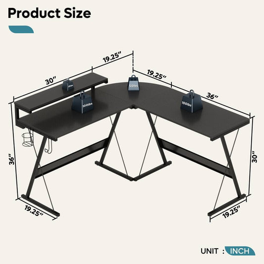 Black 55in Gaming Desk LED Lit L Shaped Computer Corner Desk Modern Home Office