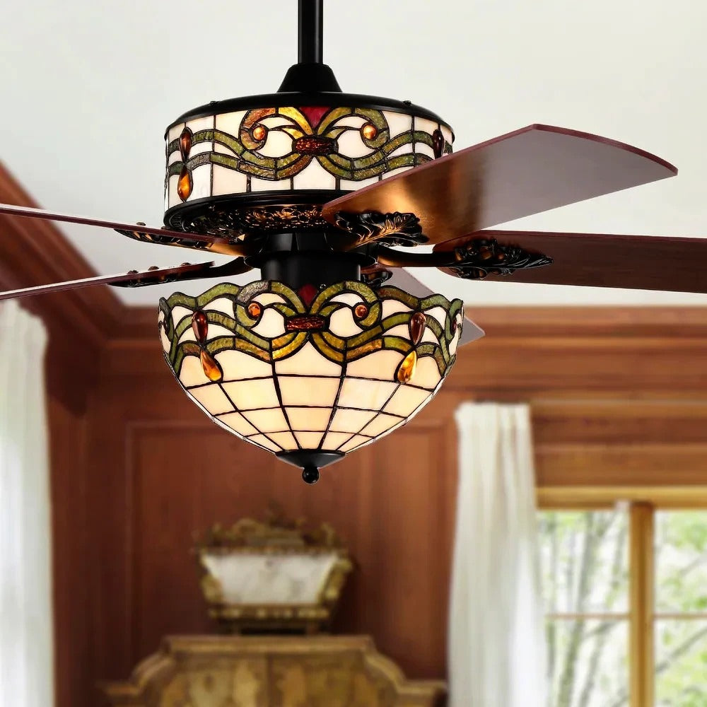 Ceiling Fan Tiffany Style Two Tiered Lighted in Hues of Green and Creme - Remote