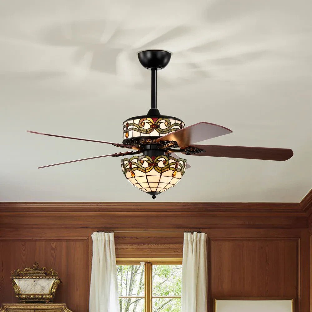 Ceiling Fan Tiffany Style Two Tiered Lighted in Hues of Green and Creme - Remote