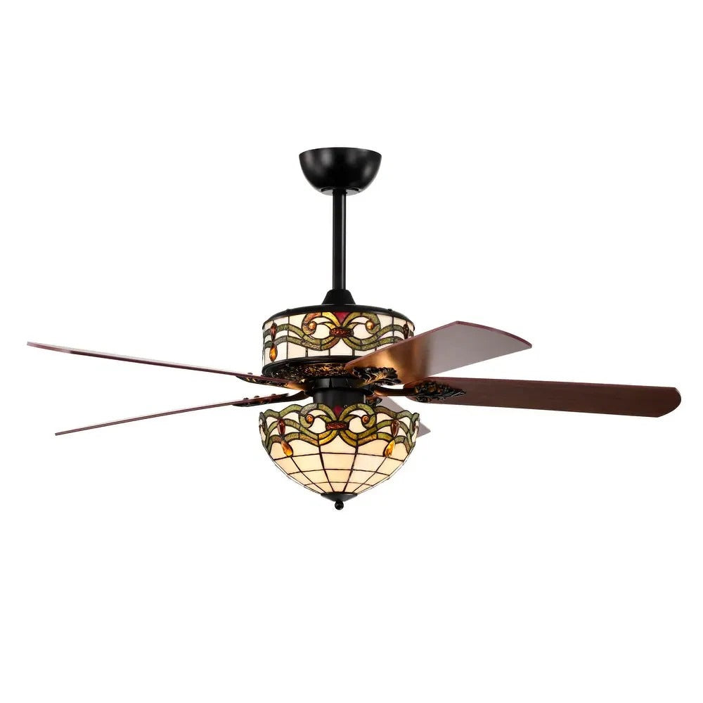 Ceiling Fan Tiffany Style Two Tiered Lighted in Hues of Green and Creme - Remote