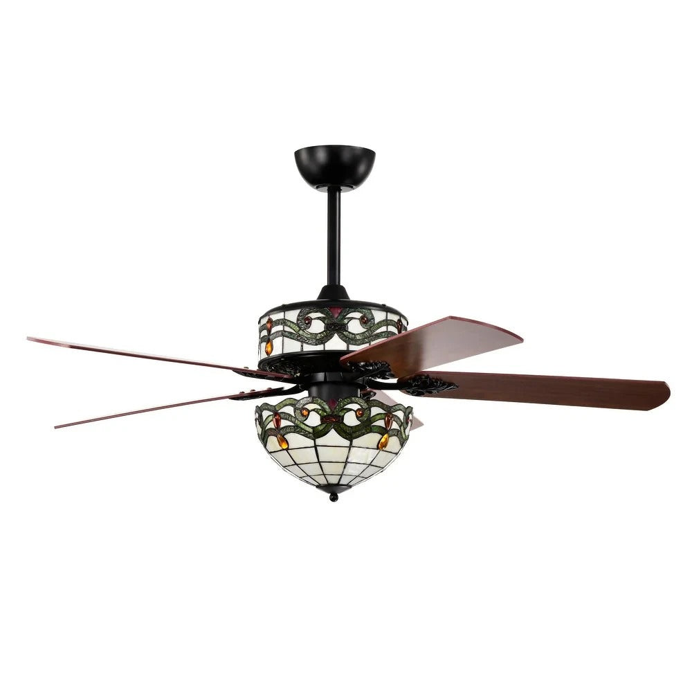 Ceiling Fan Tiffany Style Two Tiered Lighted in Hues of Green and Creme - Remote