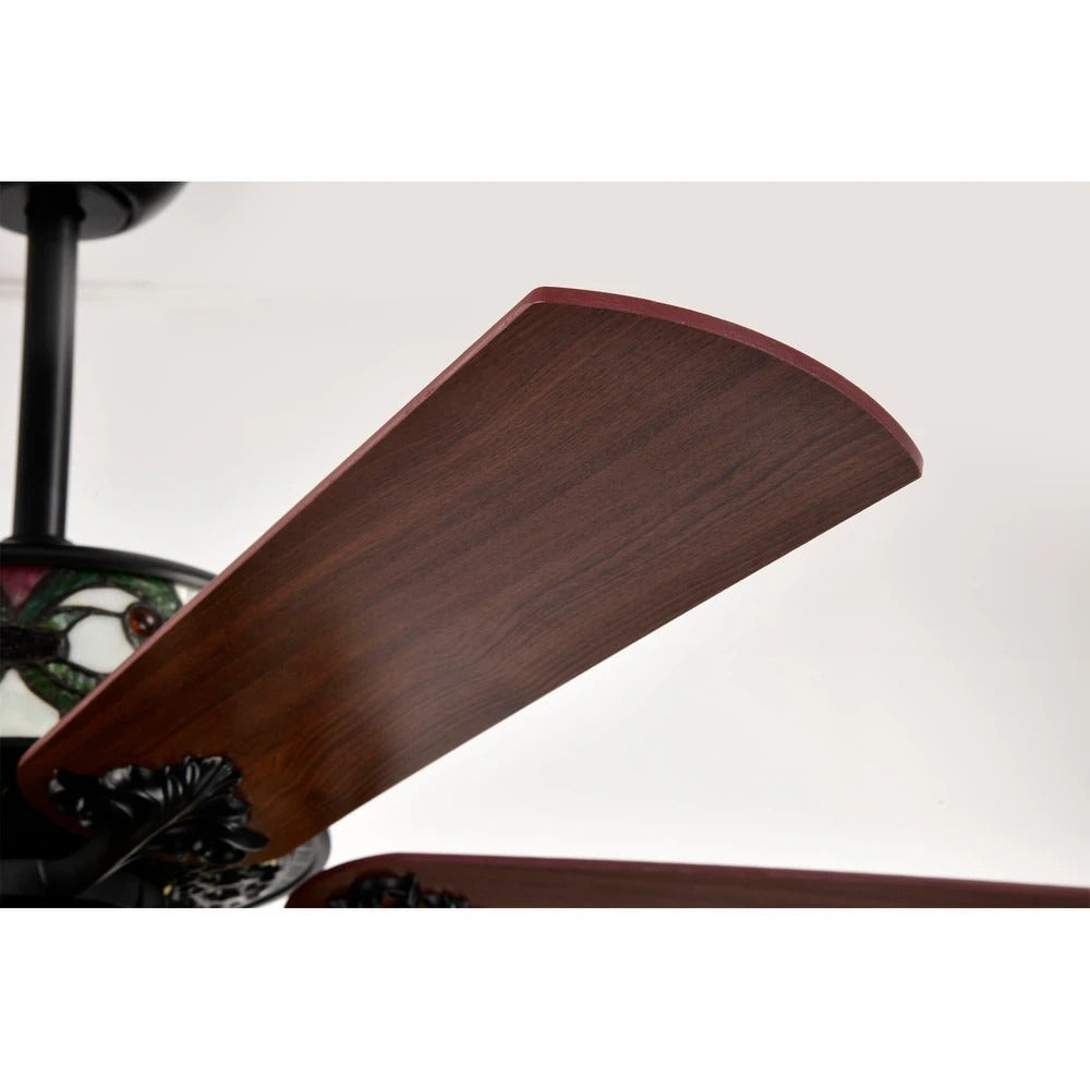 Ceiling Fan Tiffany Style Two Tiered Lighted in Hues of Green and Creme - Remote