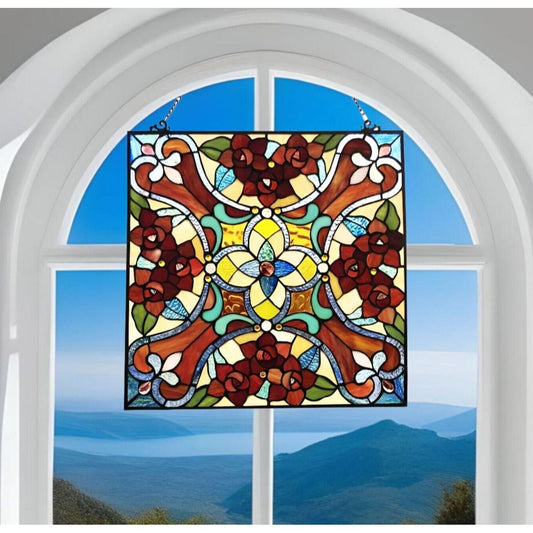 Tiffany Style Stained Glass Red Floral Suncatcher Window Panel 20x20in Square