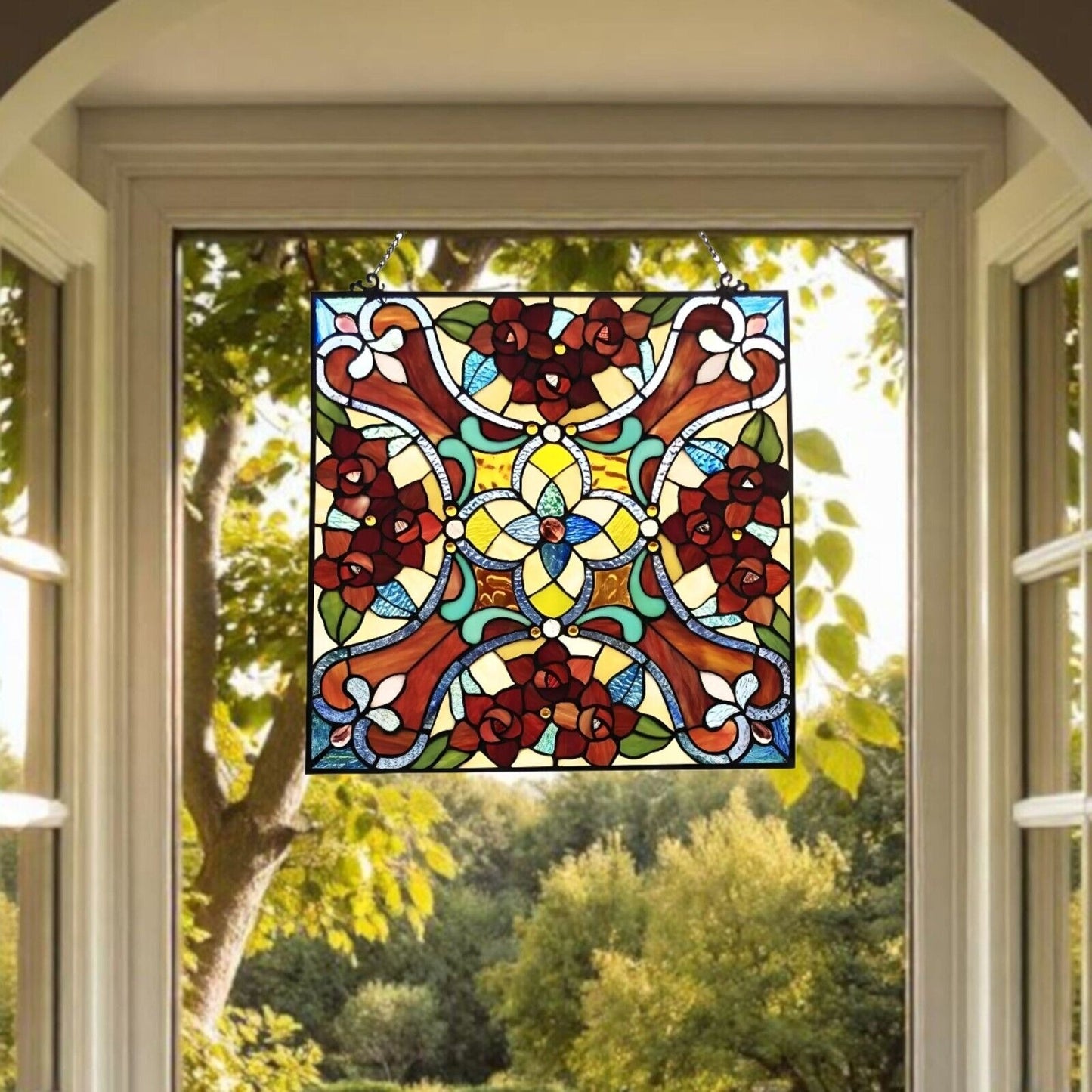 Tiffany Style Stained Glass Red Floral Suncatcher Window Panel 20x20in Square